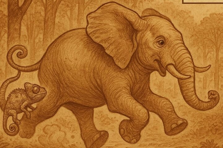 Elephant racing with a chameleon hidden on its tail - Ivorian folktale