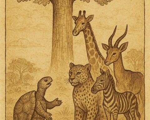 Tortoise speaking wisely to Leopard and other animals under a silk-cotton tree in a Gabonese folktale