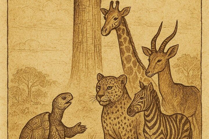 Tortoise speaking wisely to Leopard and other animals under a silk-cotton tree in a Gabonese folktale