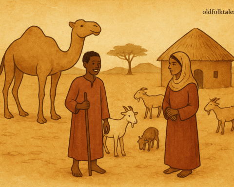 Mohammed Hassan and Deka in a Somali village, surrounded by camels and goats - Somali folktale
