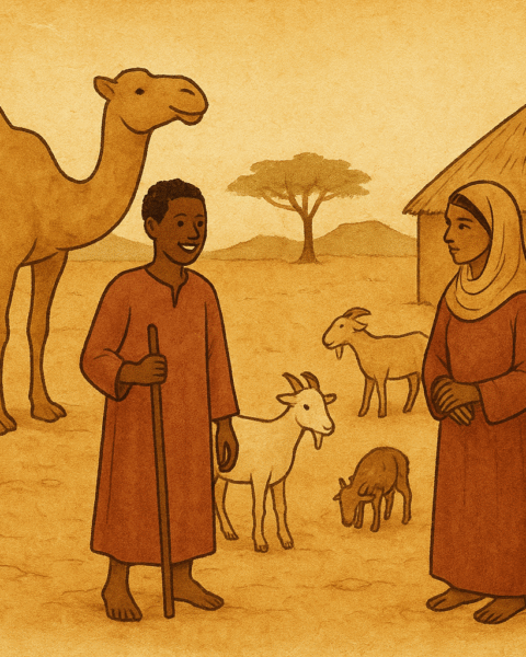Mohammed Hassan and Deka in a Somali village, surrounded by camels and goats - Somali folktale