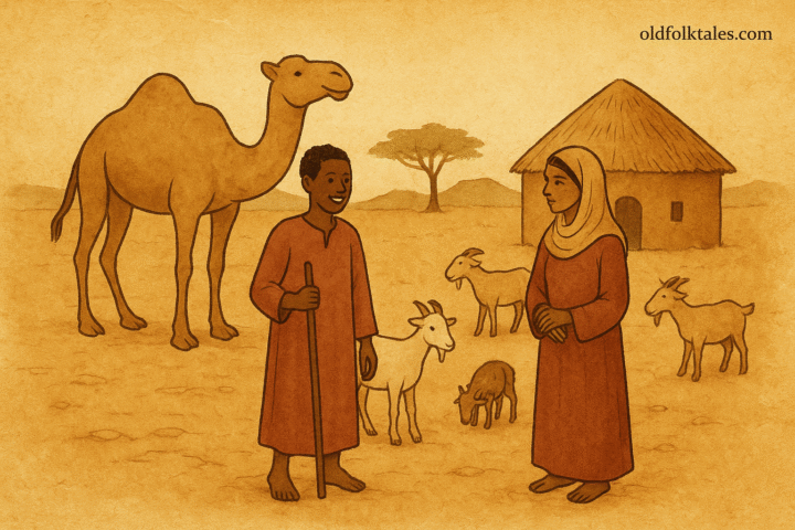 Mohammed Hassan and Deka in a Somali village, surrounded by camels and goats - Somali folktale