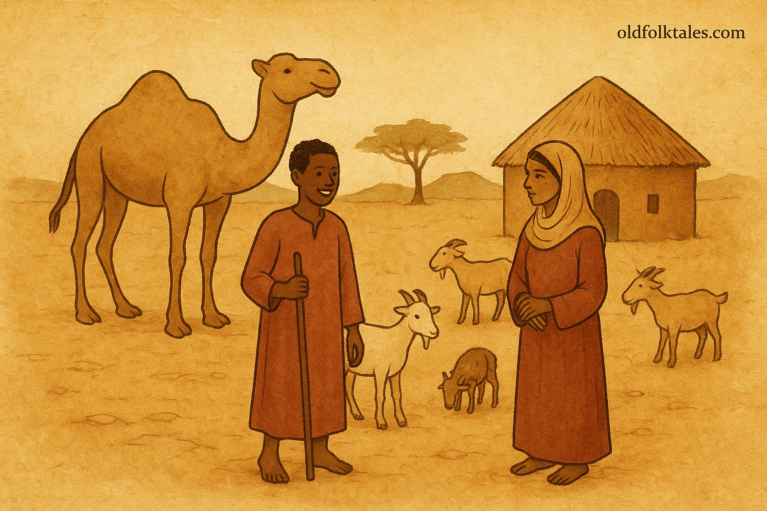Mohammed Hassan and Deka in a Somali village, surrounded by camels and goats - Somali folktale