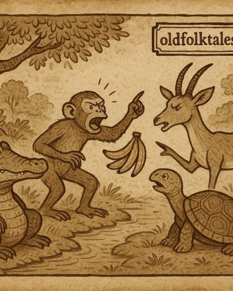 Crocodile judging a quarrel between Monkey and Antelope over bananas as Tortoise speaks wisely - Gabonese Folktale