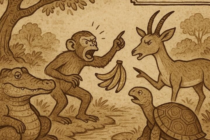 Crocodile judging a quarrel between Monkey and Antelope over bananas as Tortoise speaks wisely - Gabonese Folktale