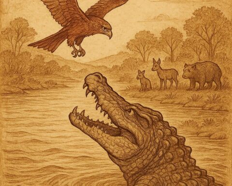 A crocodile emerging from the river staring at a kite flying above while forest animals watch from the bank – Guinean folktale