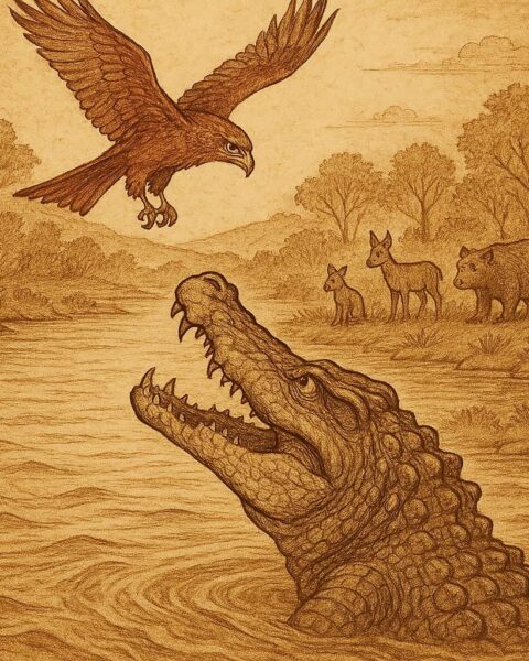 A crocodile emerging from the river staring at a kite flying above while forest animals watch from the bank – Guinean folktale