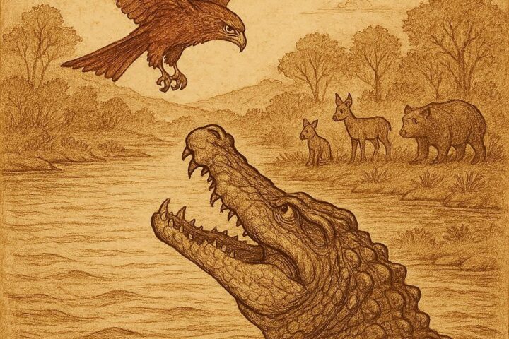A crocodile emerging from the river staring at a kite flying above while forest animals watch from the bank – Guinean folktale