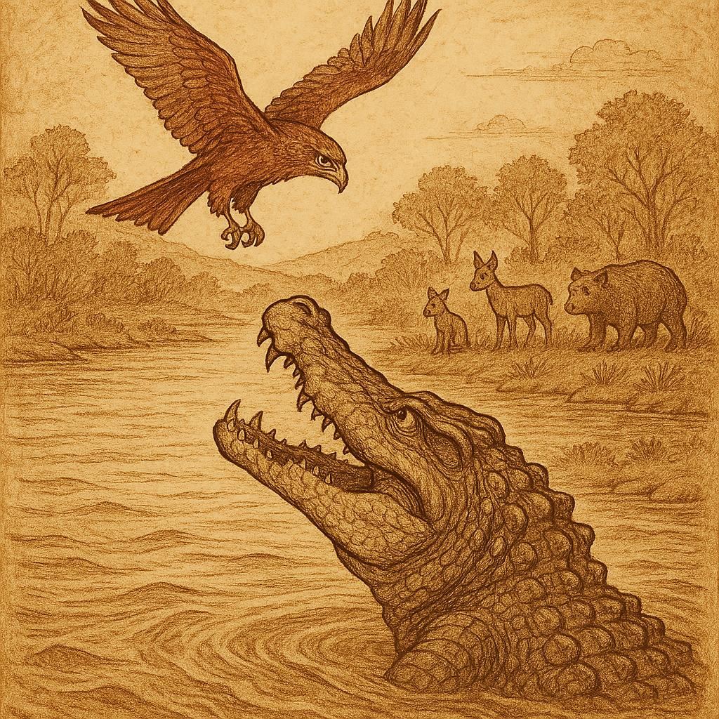 A crocodile emerging from the river staring at a kite flying above while forest animals watch from the bank – Guinean folktale