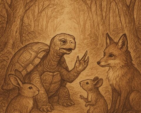 Wise tortoise explaining the meaning of a mental reservation while forest animals listen attentively in a dense Fang forest – Cameroon folktale