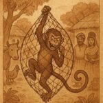 A mischievous monkey trapped in a hunter’s net while villagers and animals watch with concern - Ivorian folktale