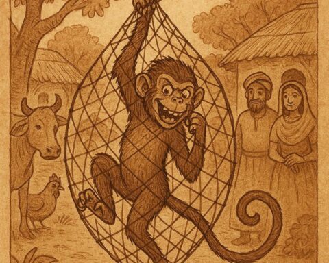 A mischievous monkey trapped in a hunter’s net while villagers and animals watch with concern - Ivorian folktale