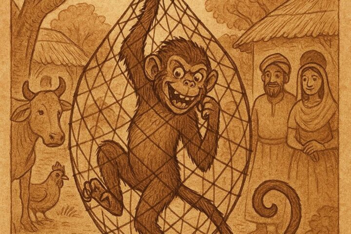 A mischievous monkey trapped in a hunter’s net while villagers and animals watch with concern - Ivorian folktale