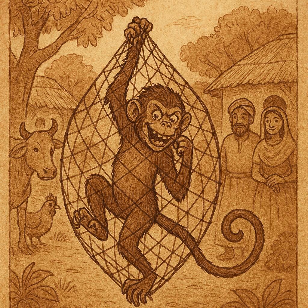 A mischievous monkey trapped in a hunter’s net while villagers and animals watch with concern - Ivorian folktale