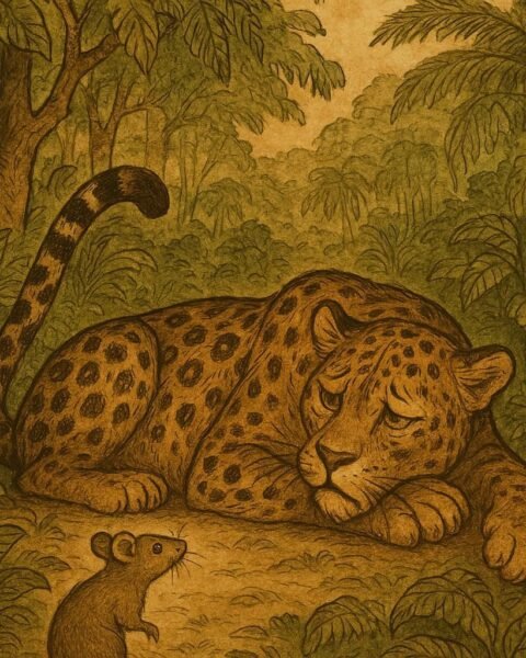 A clever rat cautiously watches a large leopard pretending to be sick - Gabonese folktale