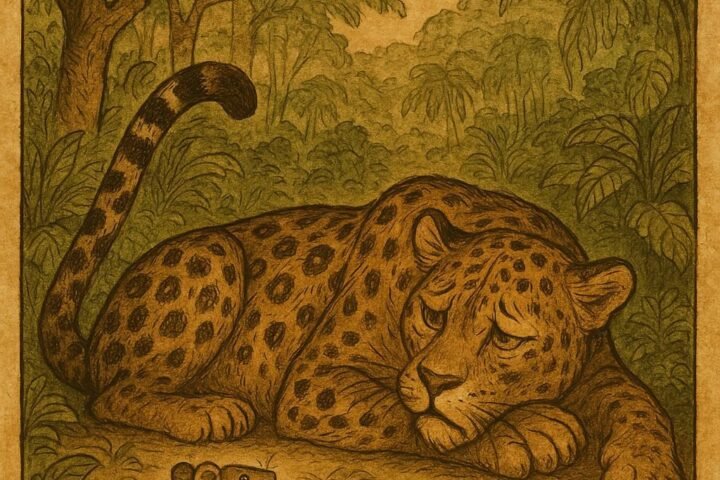 A clever rat cautiously watches a large leopard pretending to be sick - Gabonese folktale