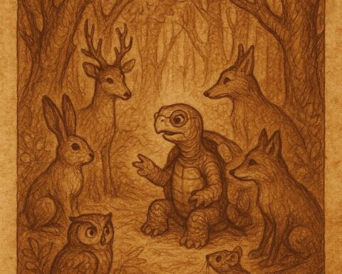 Clever tortoise guiding other forest animals during a meeting in a dense Fang forest – Cameroon folktale