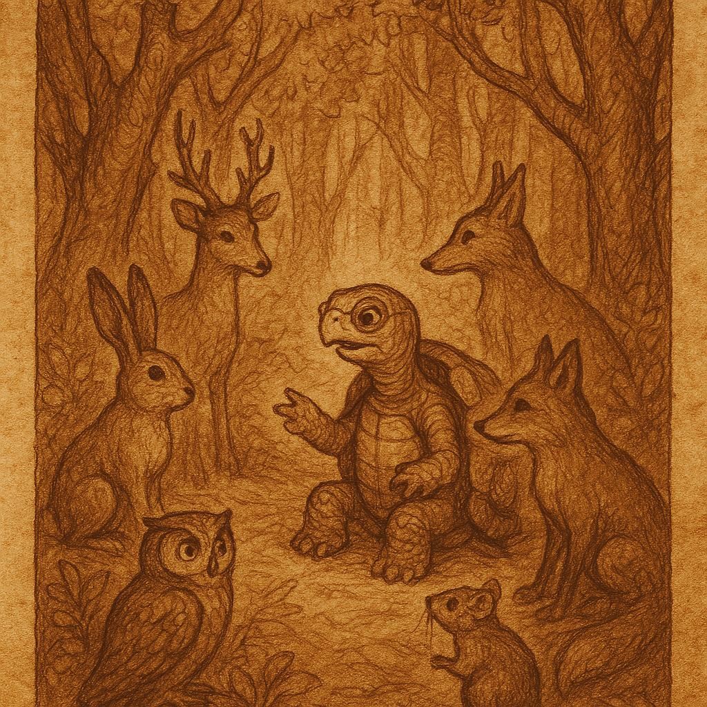 Clever tortoise guiding other forest animals during a meeting in a dense Fang forest – Cameroon folktale