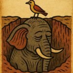 Little bird stands on the head of a blind elephant trapped in a ditch in a Tigray Ethiopian folktale