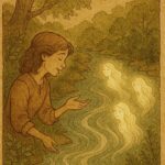 a girl speaking respectfully to a river with glowing spirits and lush greenery, inspired by an Ewe folktale from the Volta Region