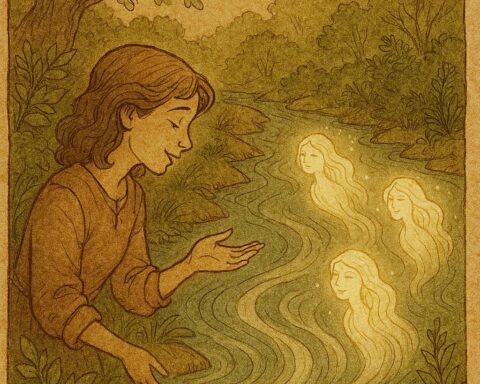 a girl speaking respectfully to a river with glowing spirits and lush greenery, inspired by an Ewe folktale from the Volta Region