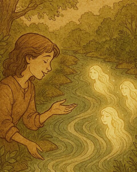 a girl speaking respectfully to a river with glowing spirits and lush greenery, inspired by an Ewe folktale from the Volta Region