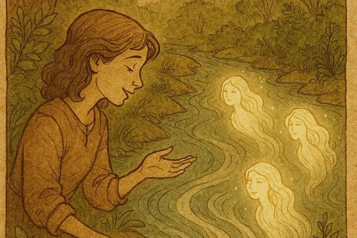 a girl speaking respectfully to a river with glowing spirits and lush greenery, inspired by an Ewe folktale from the Volta Region