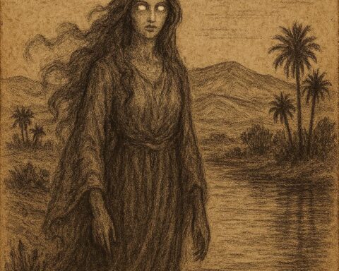 a beautiful and mysterious spirit-woman standing at the edge of a desert oasis at twilight, her eyes glowing faintly.