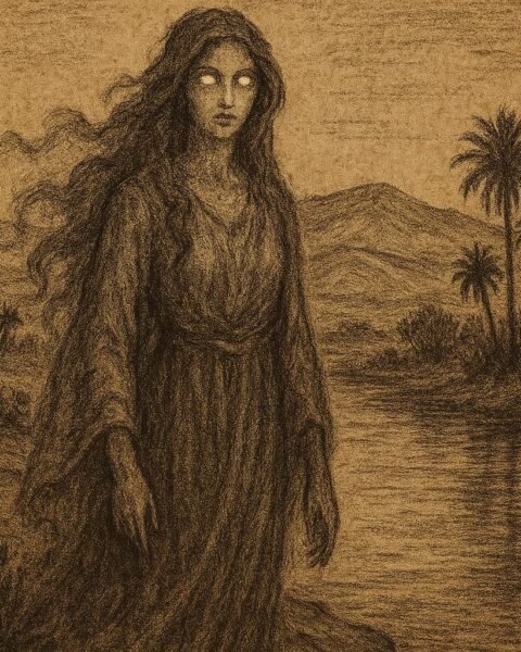 a beautiful and mysterious spirit-woman standing at the edge of a desert oasis at twilight, her eyes glowing faintly.