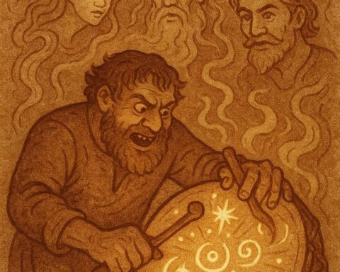 a man greedily beating a glowing magical drum while ancestral spirits appear around him, inspired by an Ewe folktale