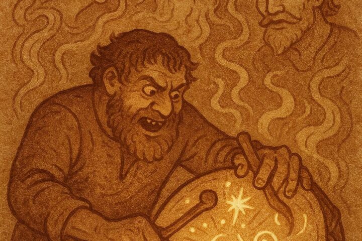 a man greedily beating a glowing magical drum while ancestral spirits appear around him, inspired by an Ewe folktale