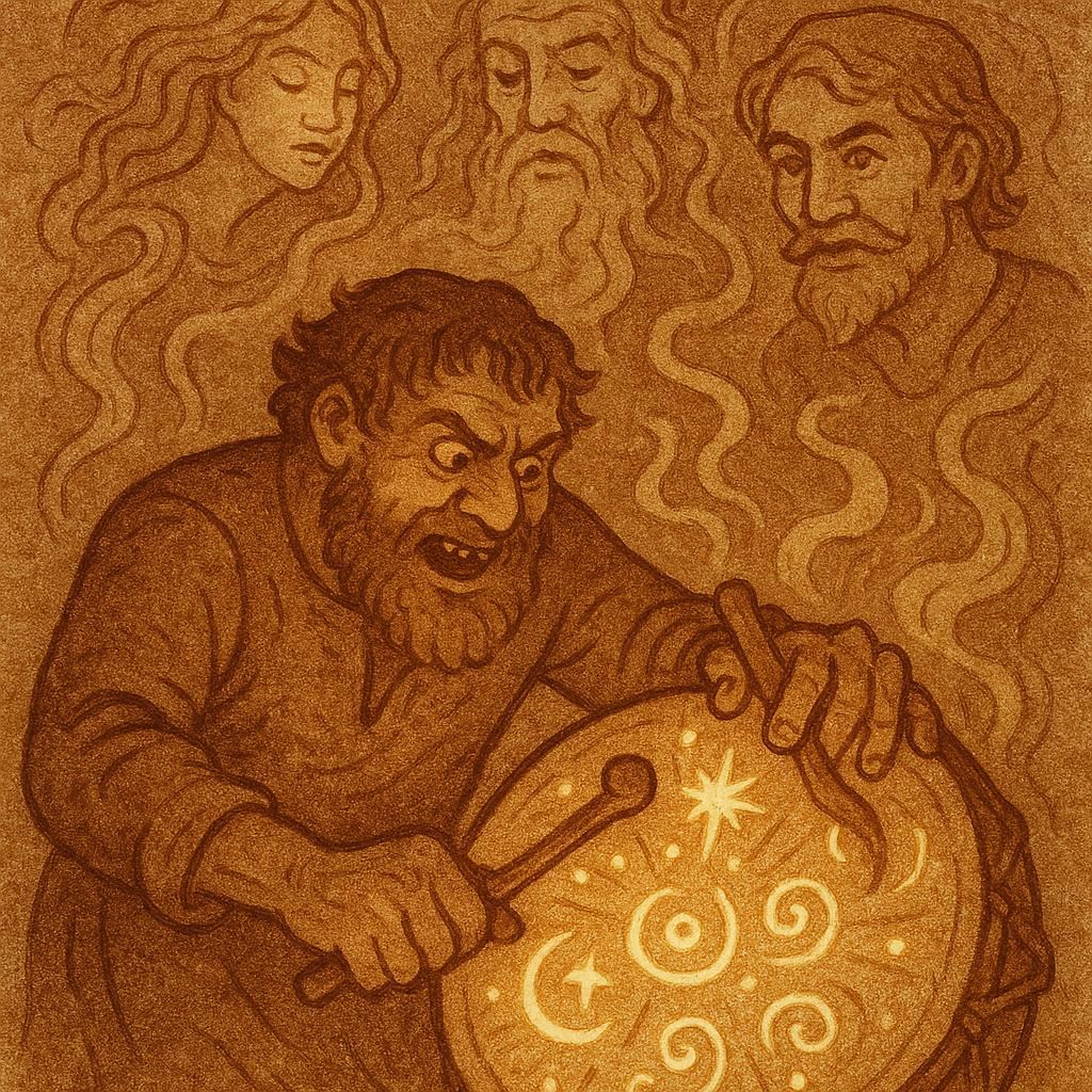 a man greedily beating a glowing magical drum while ancestral spirits appear around him, inspired by an Ewe folktale