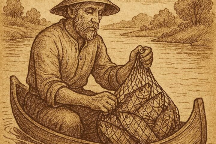 A fisherman in a canoe on a river waits patiently with a net full of fish - Gabonese folktale