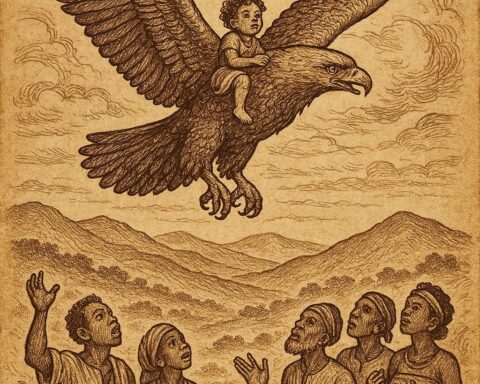 an eagle carrying a child of destiny over the hills of Togo while villagers watch in awe, inspired by an Ewe and Kabye folktale