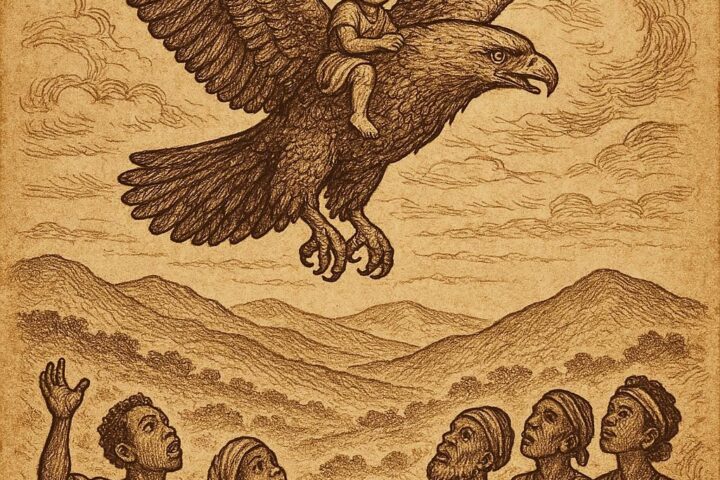 an eagle carrying a child of destiny over the hills of Togo while villagers watch in awe, inspired by an Ewe and Kabye folktale