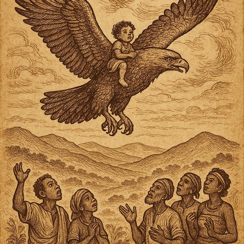 an eagle carrying a child of destiny over the hills of Togo while villagers watch in awe, inspired by an Ewe and Kabye folktale