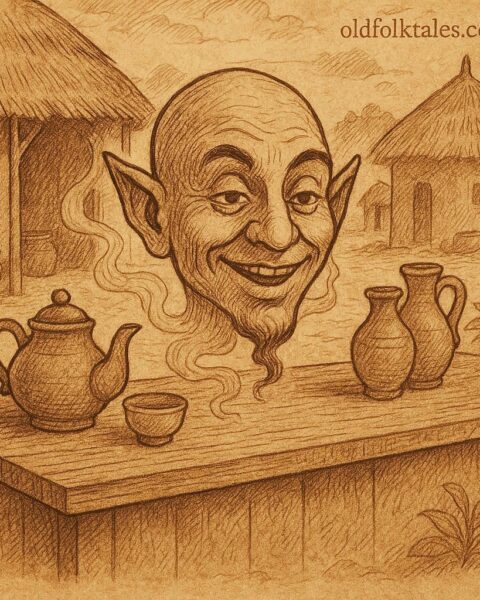 A magical talking head resting on a tea shop counter in a Somali village