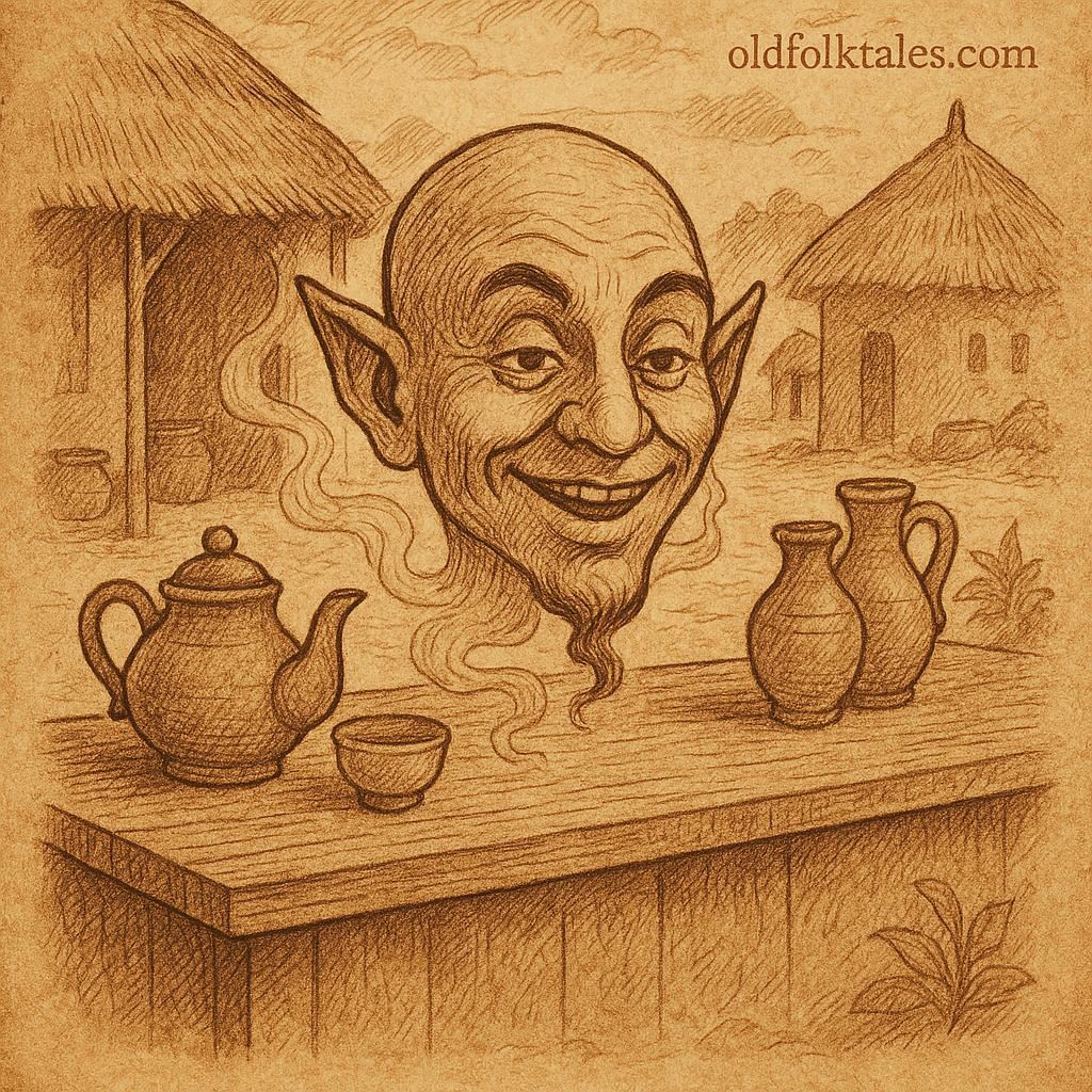 A magical talking head resting on a tea shop counter in a Somali village