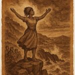 a proud woman on the cliffs of Mahé being turned into stone by island spirits, while villagers watch from below.