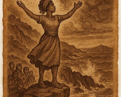 a proud woman on the cliffs of Mahé being turned into stone by island spirits, while villagers watch from below.