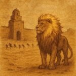 a majestic golden lion standing before the gates of Kairouan, its glowing mane shining as enemy soldiers flee in fear across the desert