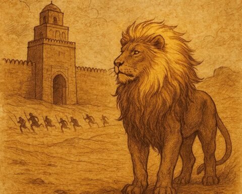 a majestic golden lion standing before the gates of Kairouan, its glowing mane shining as enemy soldiers flee in fear across the desert