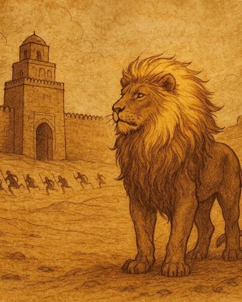 a majestic golden lion standing before the gates of Kairouan, its glowing mane shining as enemy soldiers flee in fear across the desert