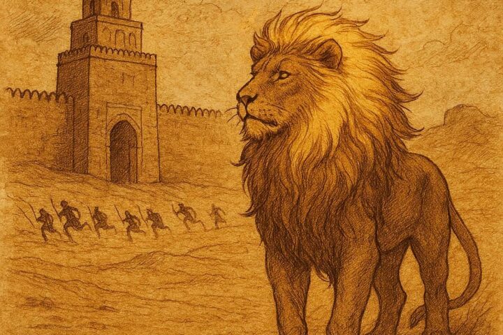 a majestic golden lion standing before the gates of Kairouan, its glowing mane shining as enemy soldiers flee in fear across the desert