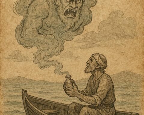a poor fisherman on a small boat in the Gulf of Gabès, holding a sealed brass jar as smoke rises into the shape of a furious jinn above the sea