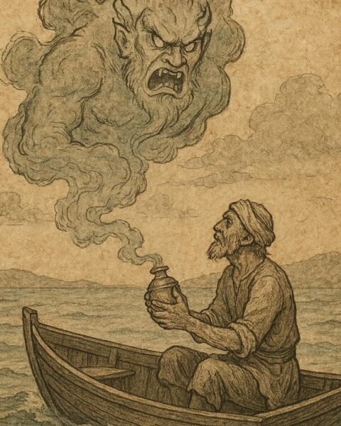 a poor fisherman on a small boat in the Gulf of Gabès, holding a sealed brass jar as smoke rises into the shape of a furious jinn above the sea