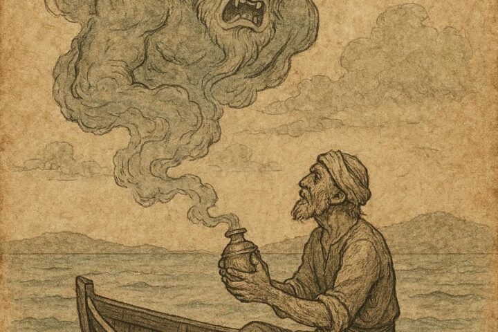 a poor fisherman on a small boat in the Gulf of Gabès, holding a sealed brass jar as smoke rises into the shape of a furious jinn above the sea