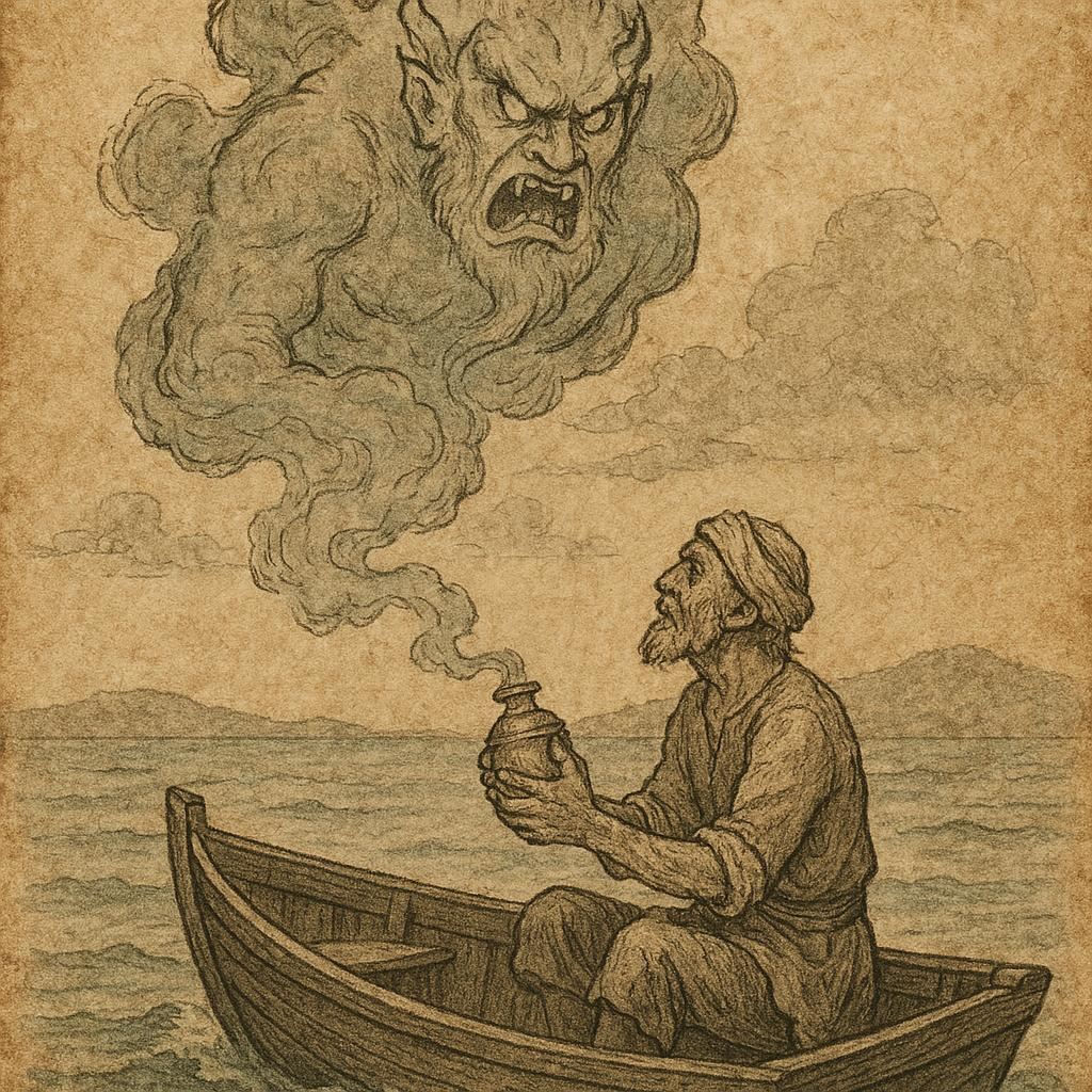 a poor fisherman on a small boat in the Gulf of Gabès, holding a sealed brass jar as smoke rises into the shape of a furious jinn above the sea