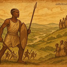 Ngabo, the Burundian warrior, defends his people with spear and shield against invading enemies in a traditional folktale scene.