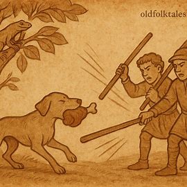 Dog beaten during hunt as Lizard watches from tree, illustrating honesty and trust in Angolan folktale.
